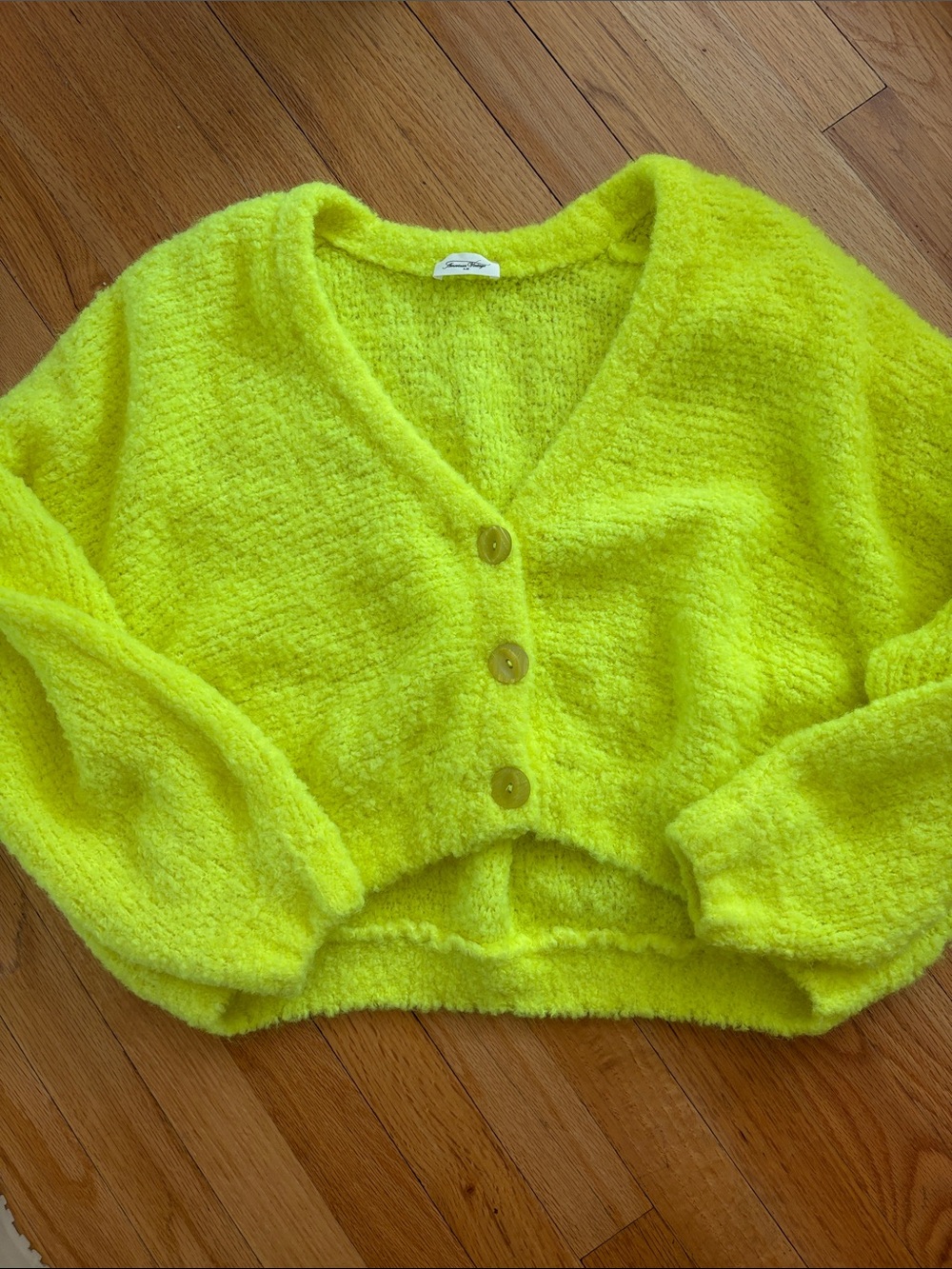 American Vintage Neon Yellow Fuzzy V-Neck Button Cardigan